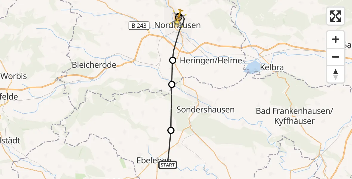Flugroute Rettungshubschrauber Rockstedt - Südharz Hospital Nordhausen, 18 Juli 2026, 16:39