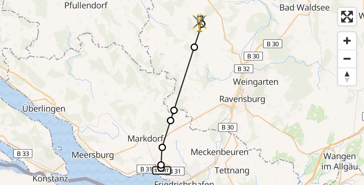 Flugroute Rettungshubschrauber Friedrichshafen Hospital - Ebenweiler, 18 Juli 2026, 16:40