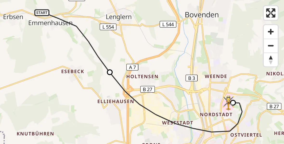 Flugroute Rettungshubschrauber Bovenden - Göttingen University Clinic Hubschrauberlandeplatz, 18 Juli 2026, 16:41