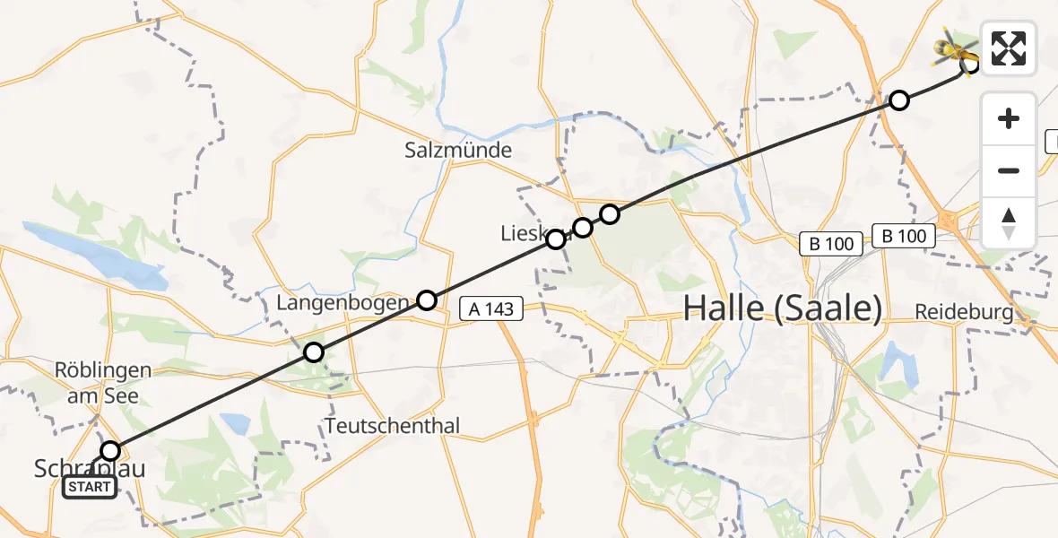 Flugroute Rettungshubschrauber Schraplau - Halle-Oppin Flugplatz, 18 Juli 2026, 16:49