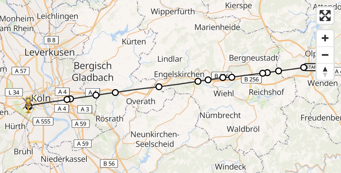 Flugroute Rettungshubschrauber Olpe - Köln University Hospital, 18 Juli 2026, 16:57