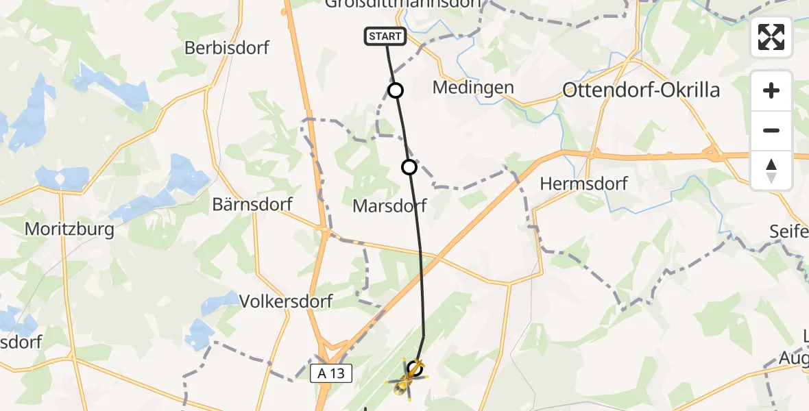 Flugroute Rettungshubschrauber Radeburg - Dresden Bundespolizei Hubschrauberlandeplatz, 18 Juli 2026, 16:59