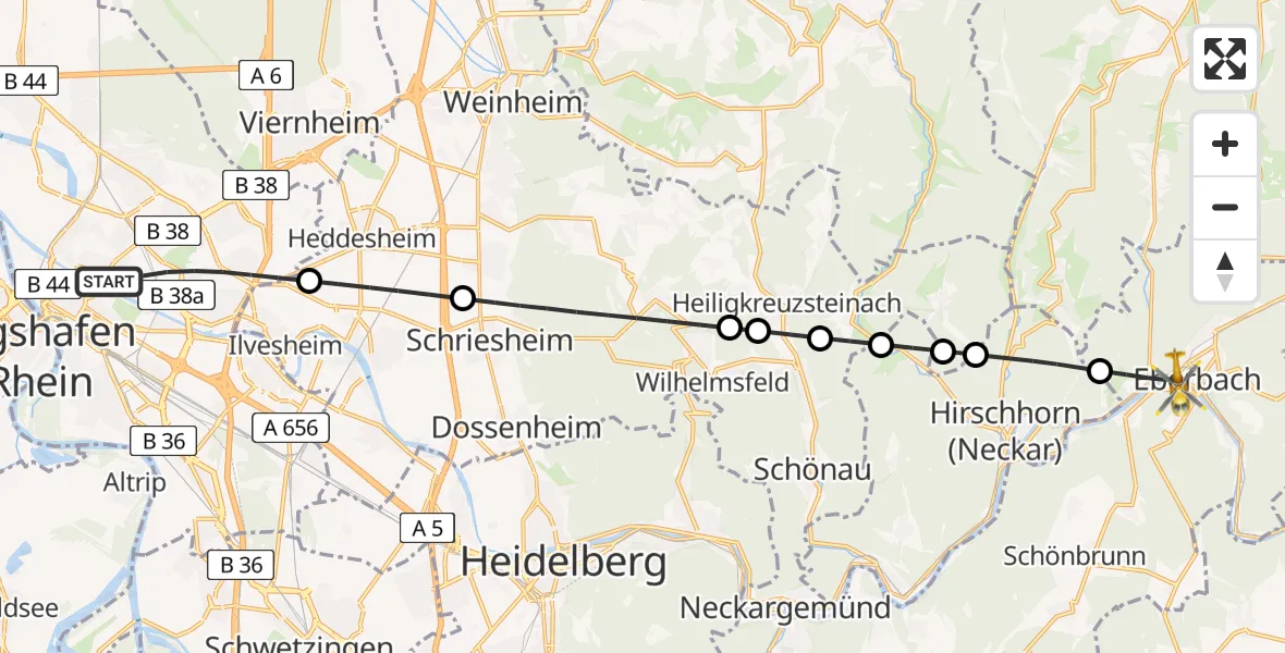 Flugroute Rettungshubschrauber Mannheim - Eberbach, 18 Juli 2026, 16:59