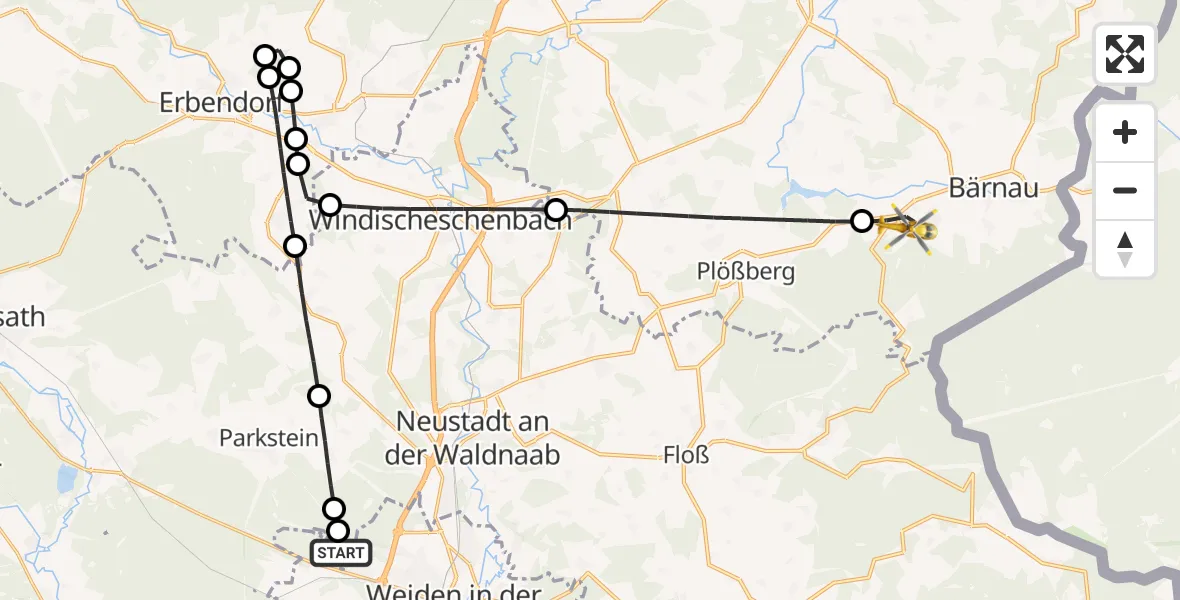 Flugroute Ambulanzhubschrauber Weiden i.d.OPf. - Bärnau, 18 Juli 2026, 17:02