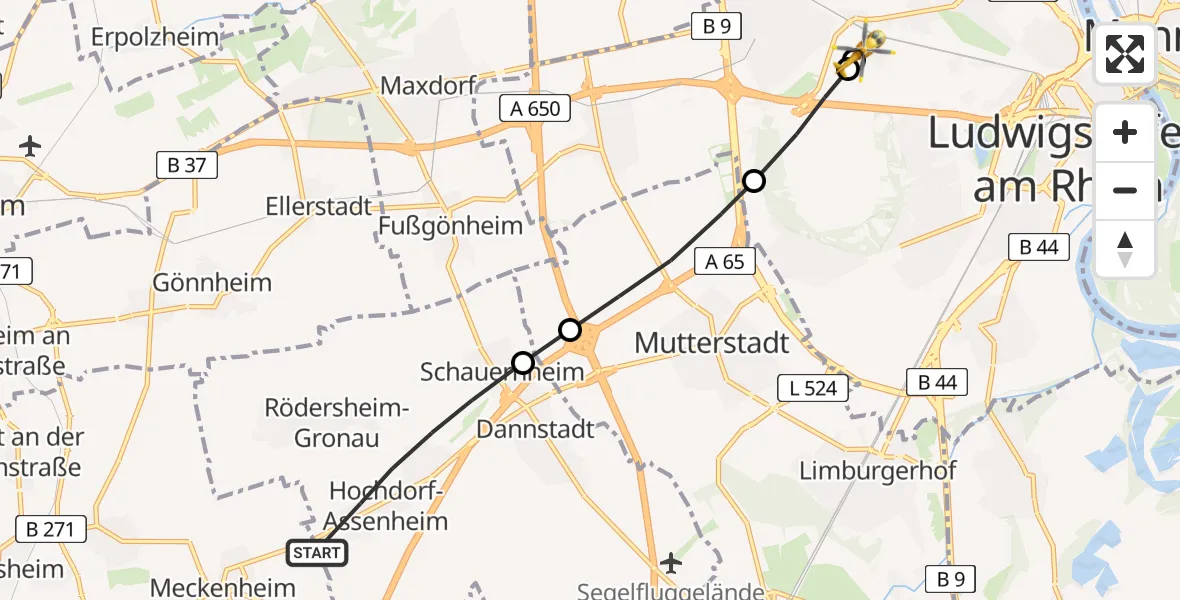 Flugroute Rettungshubschrauber Hochdorf-Assenheim - Ludwigshafen Accident Hospital, 18 Juli 2026, 17:03