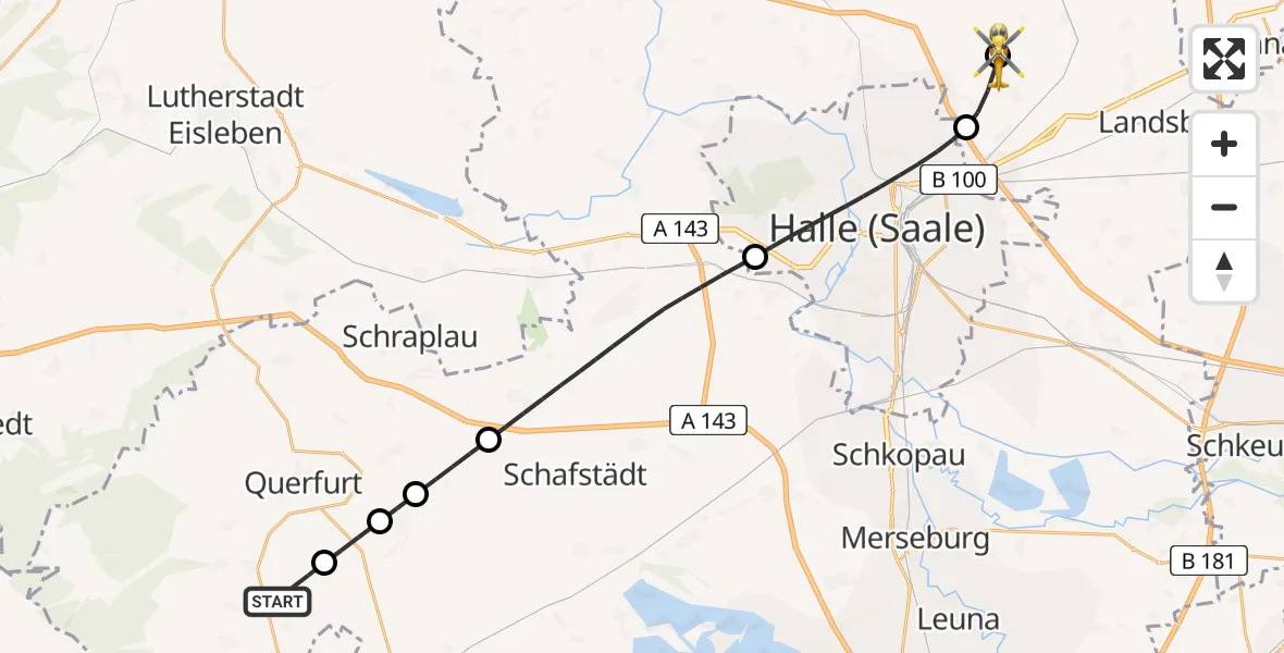 Flugroute Rettungshubschrauber Querfurt - Halle-Oppin Flugplatz, 18 Juli 2026, 17:09