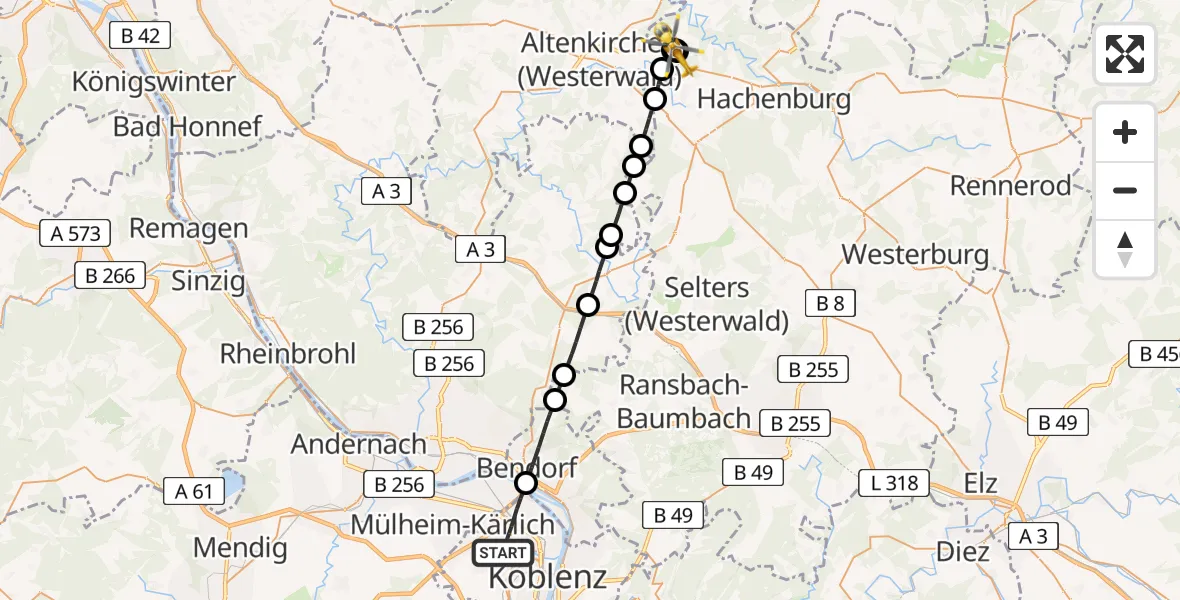 Flugroute Rettungshubschrauber Koblenz - Giesenhausen, 18 Juli 2026, 17:14