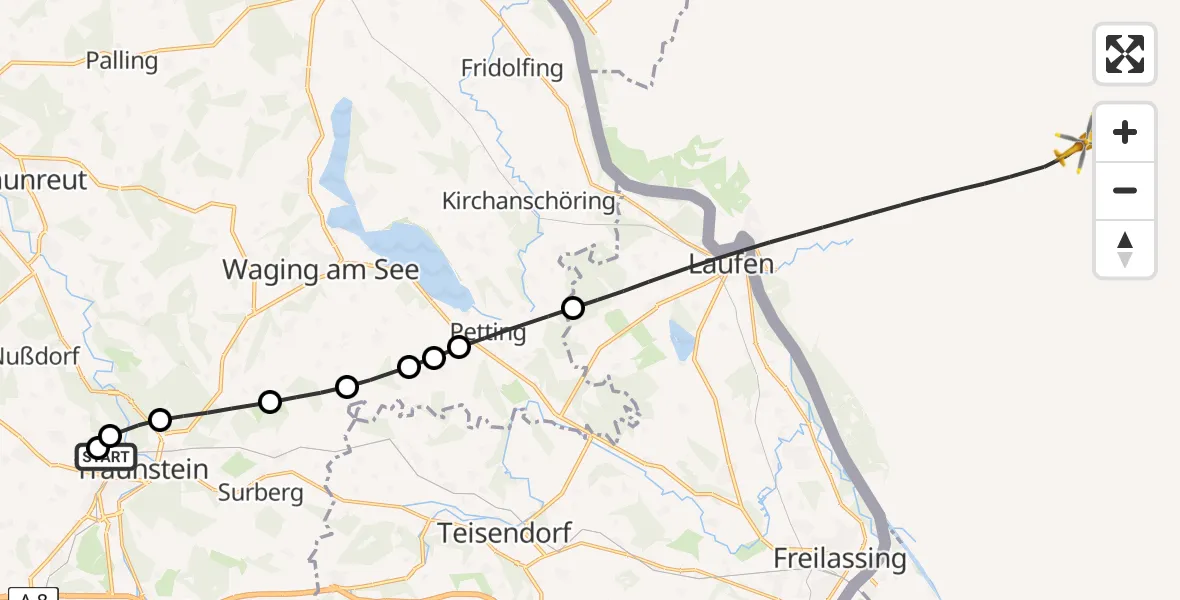 Flugroute Rettungshubschrauber Traunstein Hospital - Laufen, 18 Juli 2026, 17:16