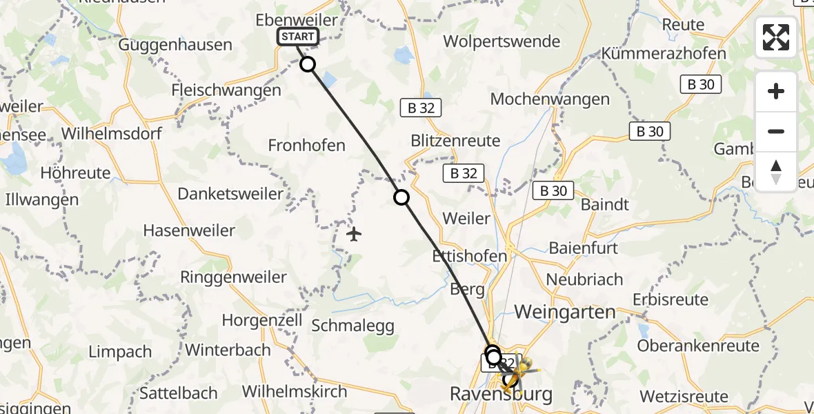 Flugroute Rettungshubschrauber Ebenweiler - Sankt Elisabeth Hospital, 18 Juli 2026, 17:19
