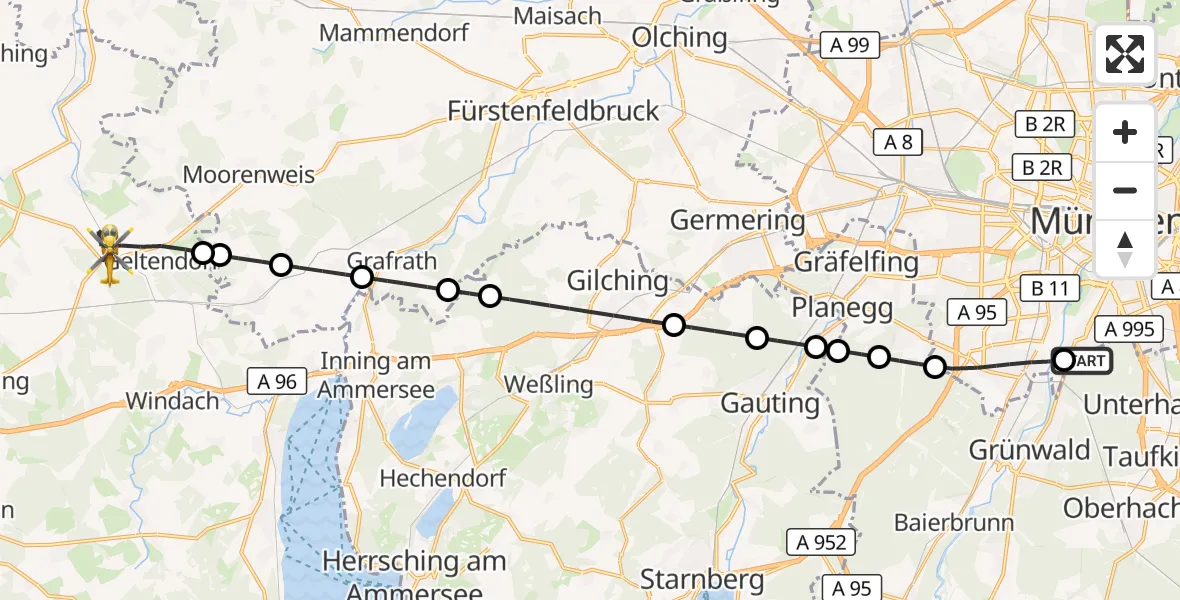 Flugroute Rettungshubschrauber ADAC Air Rescue Center Hubschrauberlandeplatz (Christoph 1) - Geltendorf, 18 Juli 2026, 17:23