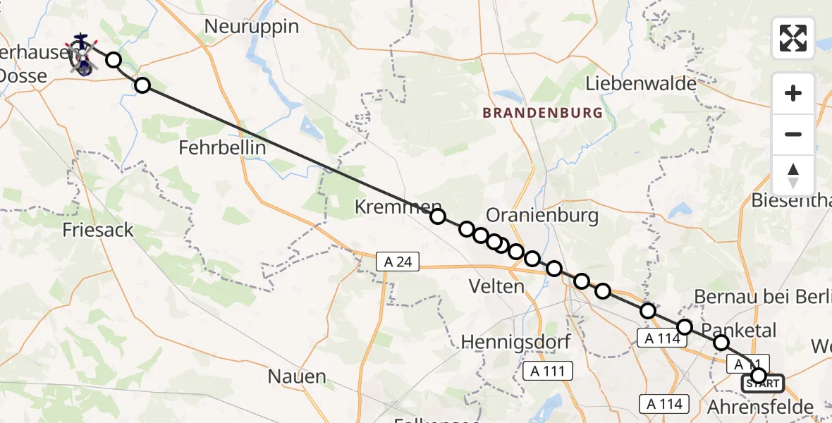 Flugroute Polizeihubschrauber Ahrensfelde Hubschrauberlandeplatz - Wusterhausen/Dosse, 18 Juli 2026, 17:28