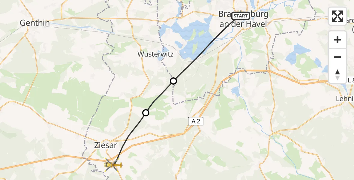 Flugroute Rettungshubschrauber Brandenburg an der Havel - Ziesar, 18 Juli 2026, 17:34
