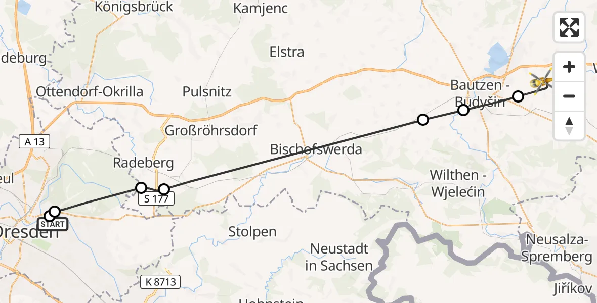 Flugroute Rettungshubschrauber Dresden University Hospital - Kubschütz, 18 Juli 2026, 17:38