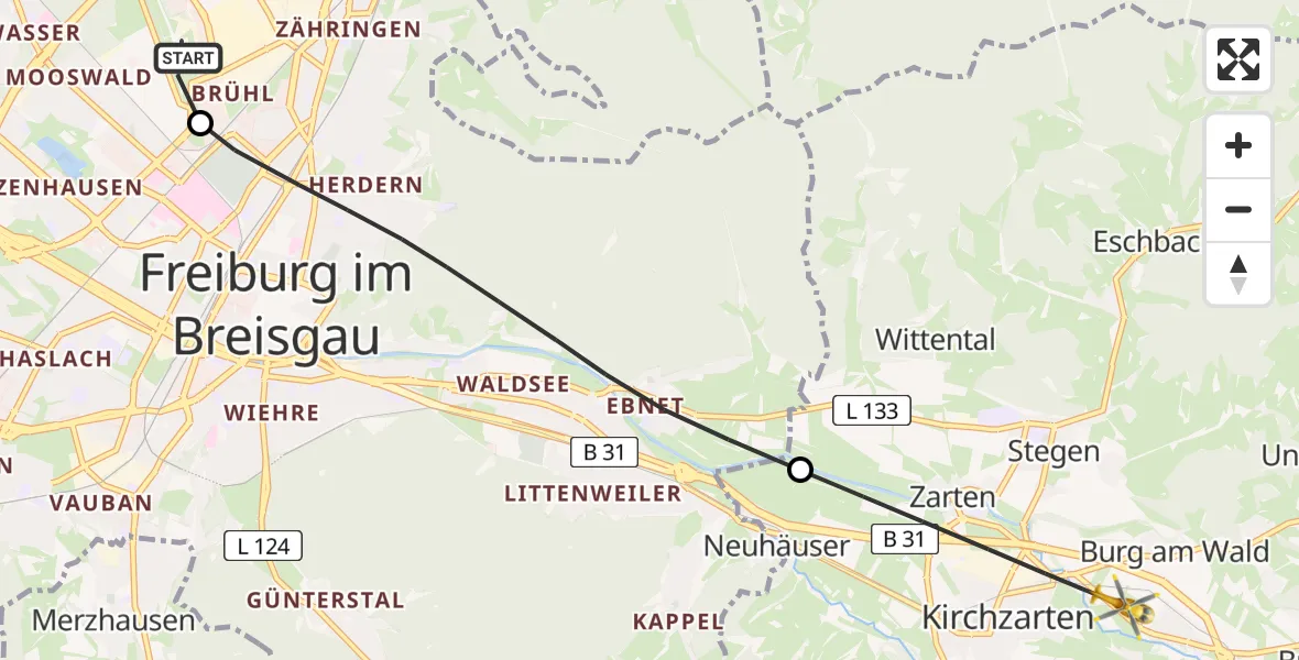 Flugroute Ambulanzhubschrauber Freiburg im Breisgau Flugplatz - Kirchzarten, 18 Juli 2026, 17:39