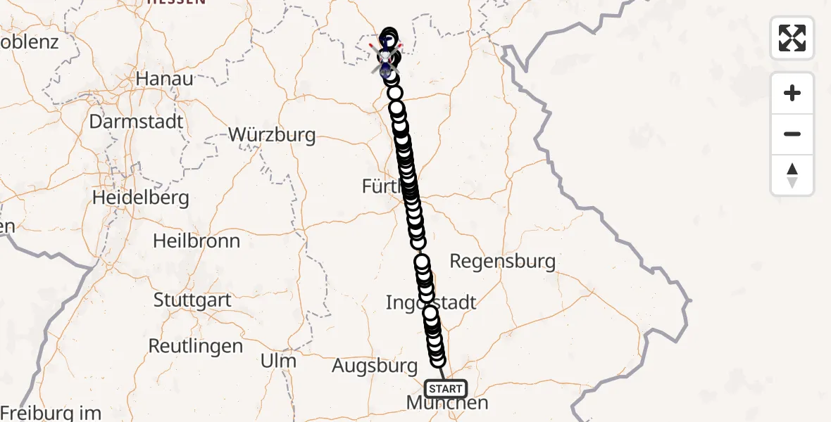 Flugroute Polizeihubschrauber Oberschleißheim - Coburg-Brandensteinsebene Flugplatz, 18 Juli 2026, 17:40