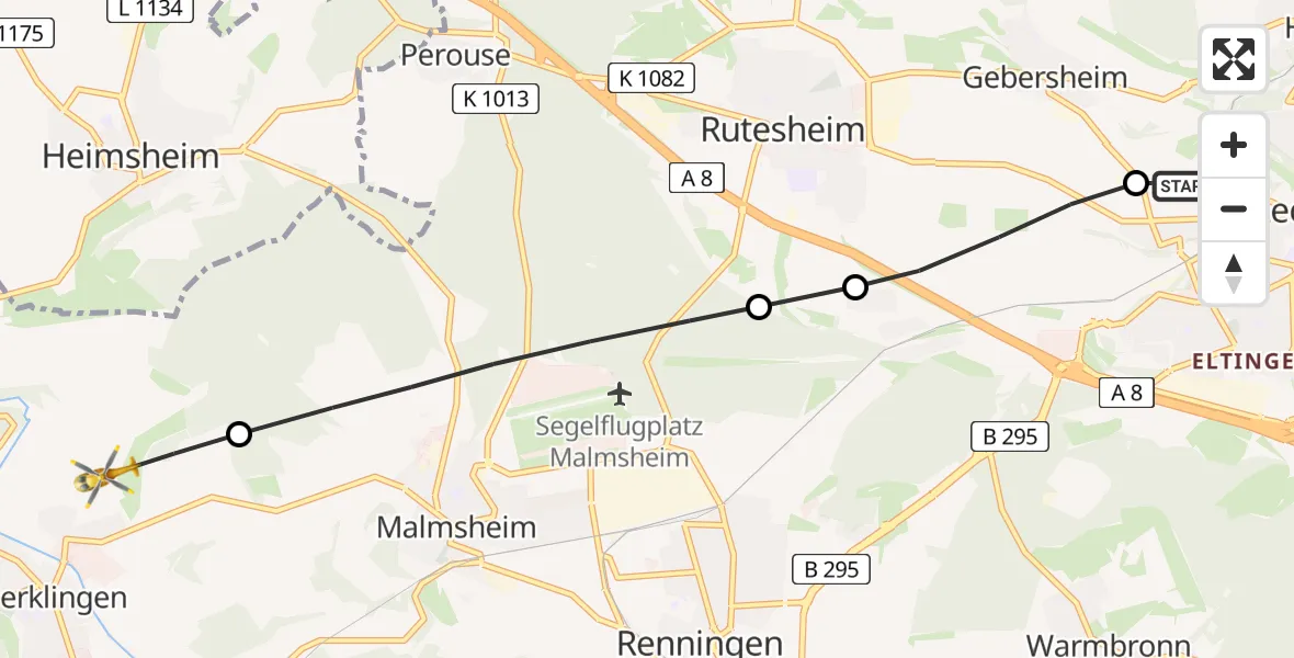 Flugroute Rettungshubschrauber Leonberg Hospital - Weil der Stadt, 18 Juli 2026, 17:41