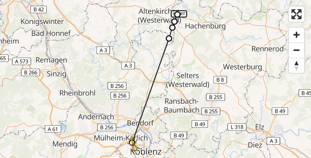 Flugroute Rettungshubschrauber Giesenhausen - Koblenz, 18 Juli 2026, 17:42