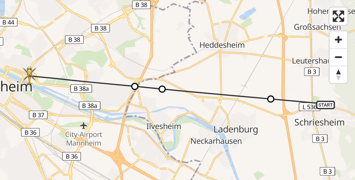 Flugroute Rettungshubschrauber Schriesheim - Mannheim, 18 Juli 2026, 17:52