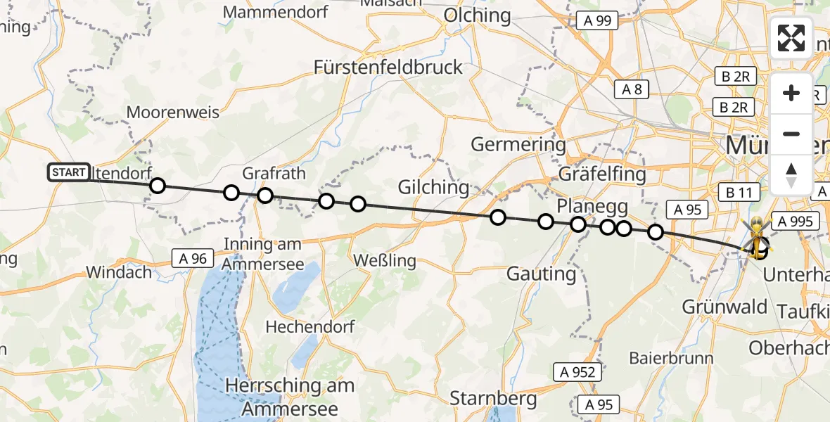 Flugroute Rettungshubschrauber Geltendorf - ADAC Air Rescue Center Hubschrauberlandeplatz (Christoph 1), 18 Juli 2026, 17:52