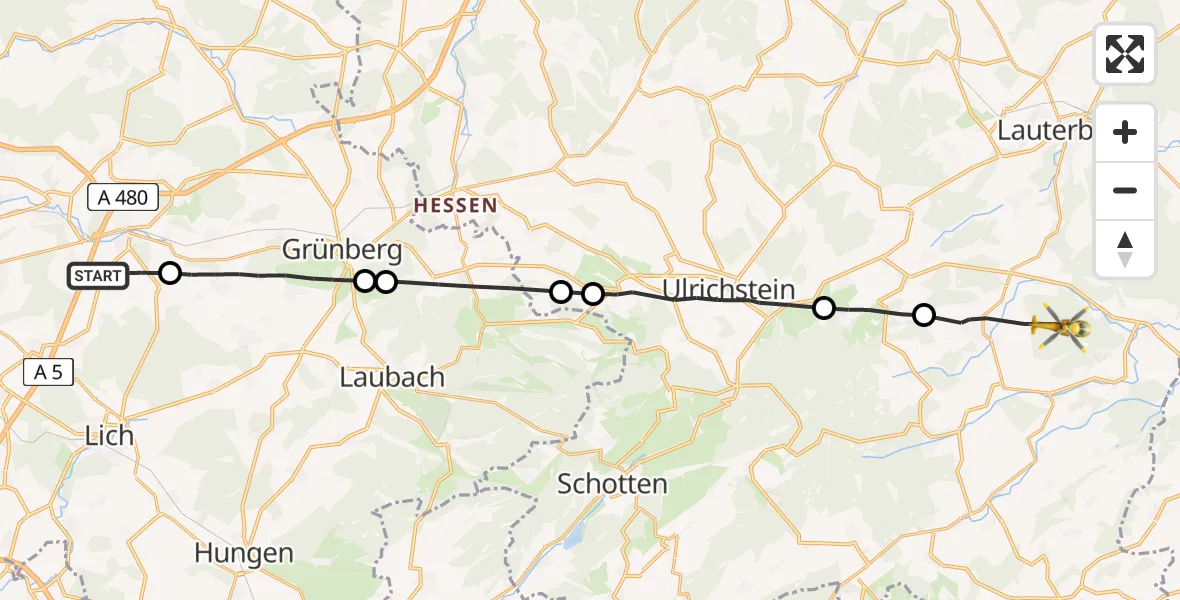 Flugroute Rettungshubschrauber Reiskirchen - Herbstein, 18 Juli 2026, 17:52