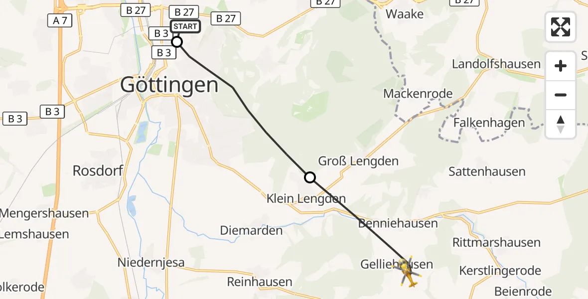 Flugroute Rettungshubschrauber Göttingen University Clinic Hubschrauberlandeplatz - Gleichen, 18 Juli 2026, 17:52