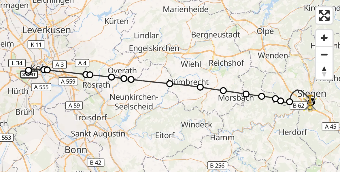 Flugroute Rettungshubschrauber Köln University Hospital - Evangelisches Jung-Stilling Hospital, 18 Juli 2026, 18:02