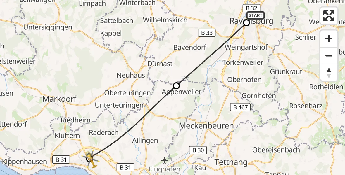 Flugroute Rettungshubschrauber Sankt Elisabeth Hospital - Friedrichshafen Hospital, 18 Juli 2026, 18:03