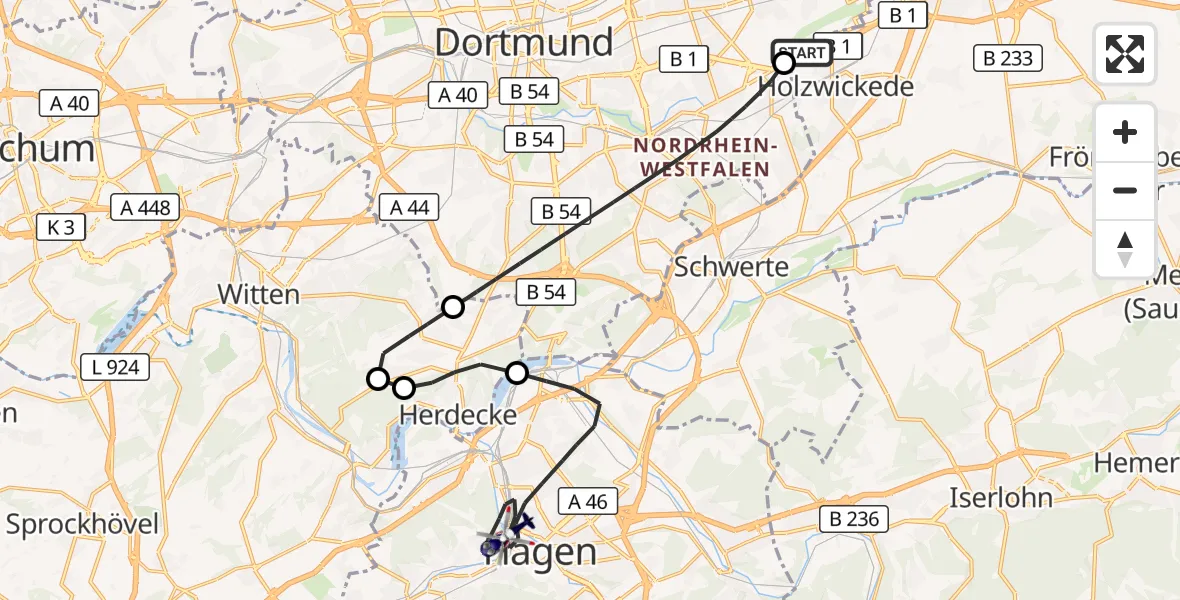 Flugroute Polizeihubschrauber Dortmund Flughafen - Hagen, 18 Juli 2026, 18:04