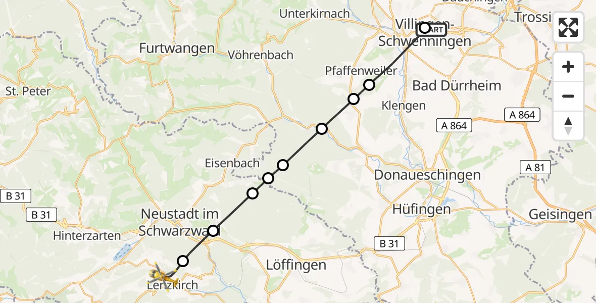 Flugroute Ambulanzhubschrauber DRF Air Rescue Station Villingen-Schwenningen Hubschrauberlandeplatz (Christoph 11) - Lenzkirch, 18 Juli 2026, 18:13