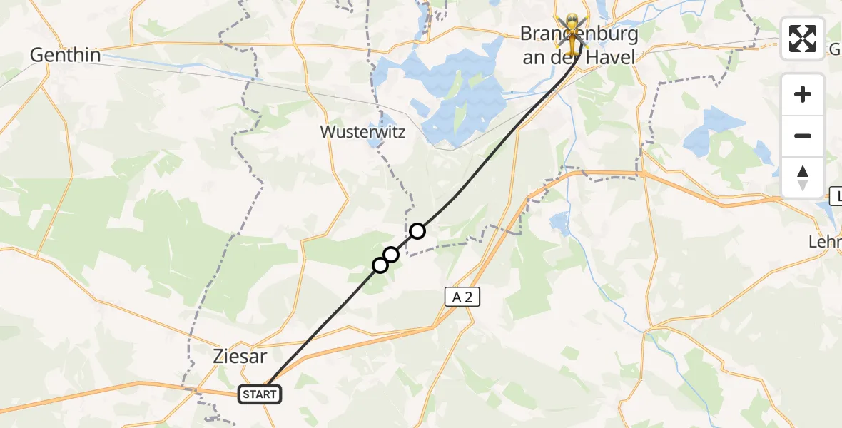 Flugroute Rettungshubschrauber Ziesar - Brandenburg an der Havel, 18 Juli 2026, 18:15
