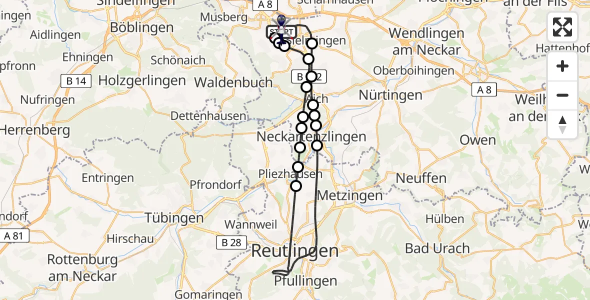 Flugroute Polizeihubschrauber Flughafen Stuttgart - Flughafen Stuttgart, 18 Juli 2026, 18:20