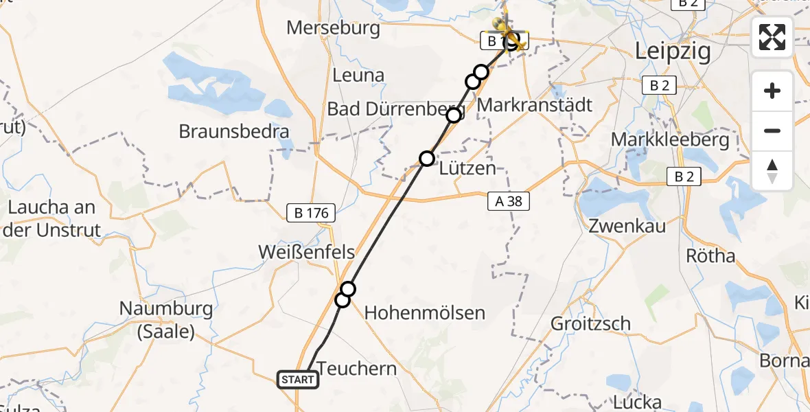 Flugroute Rettungshubschrauber Teuchern - ADAC Air Rescue Station Leipzig/Schkeuditz-Dölzig Hubschrauberlandeplatz (Christoph 61), 18 Juli 2026, 18:21