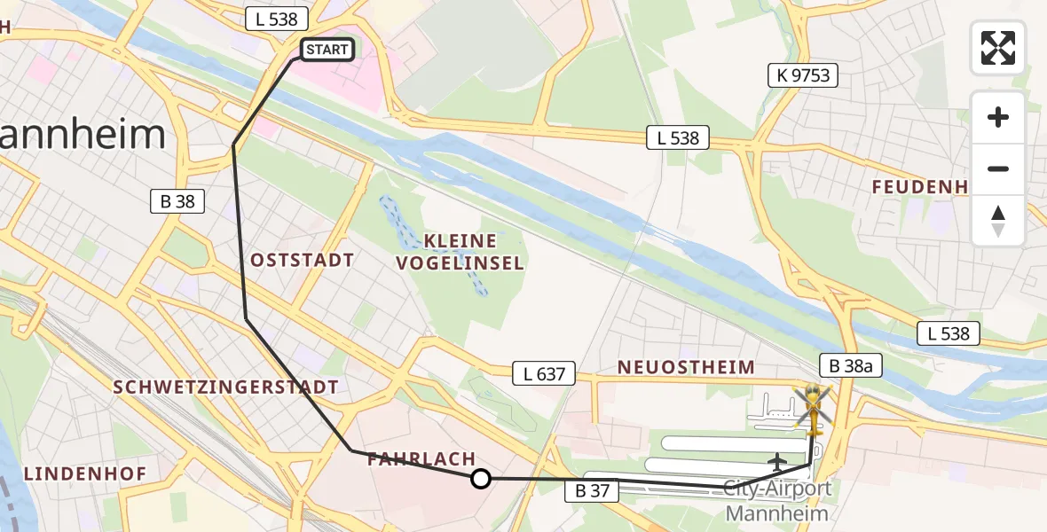 Flugroute Rettungshubschrauber Mannheim - Mannheim-City Flughafen, 18 Juli 2026, 18:21