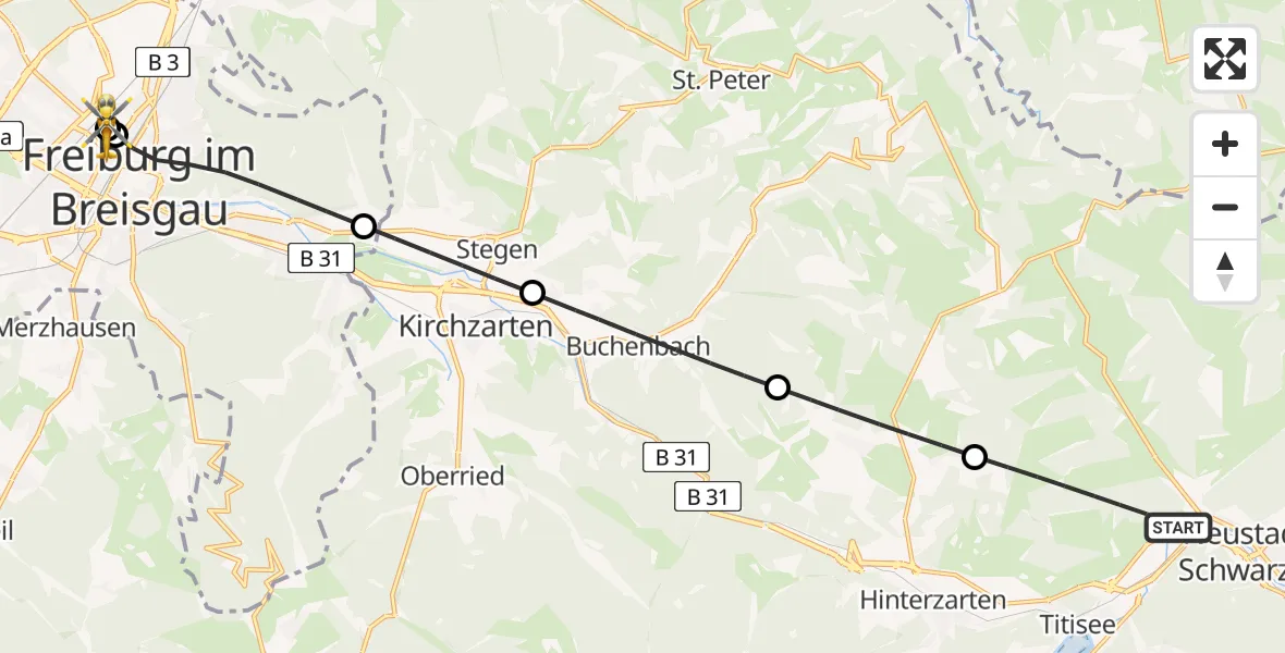 Flugroute Ambulanzhubschrauber Titisee-Neustadt - Freiburg University Hospital Heliport 1, 18 Juli 2026, 18:22