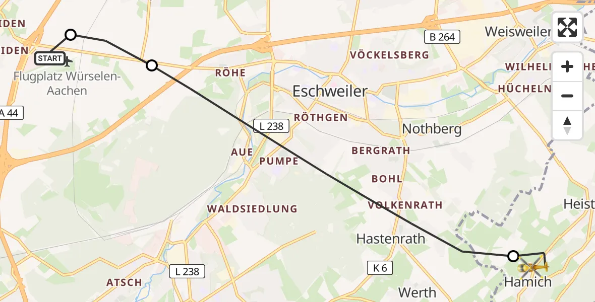 Flugroute Rettungshubschrauber Aachen-Merzbrück Flughafen - Langerwehe, 18 Juli 2026, 18:23
