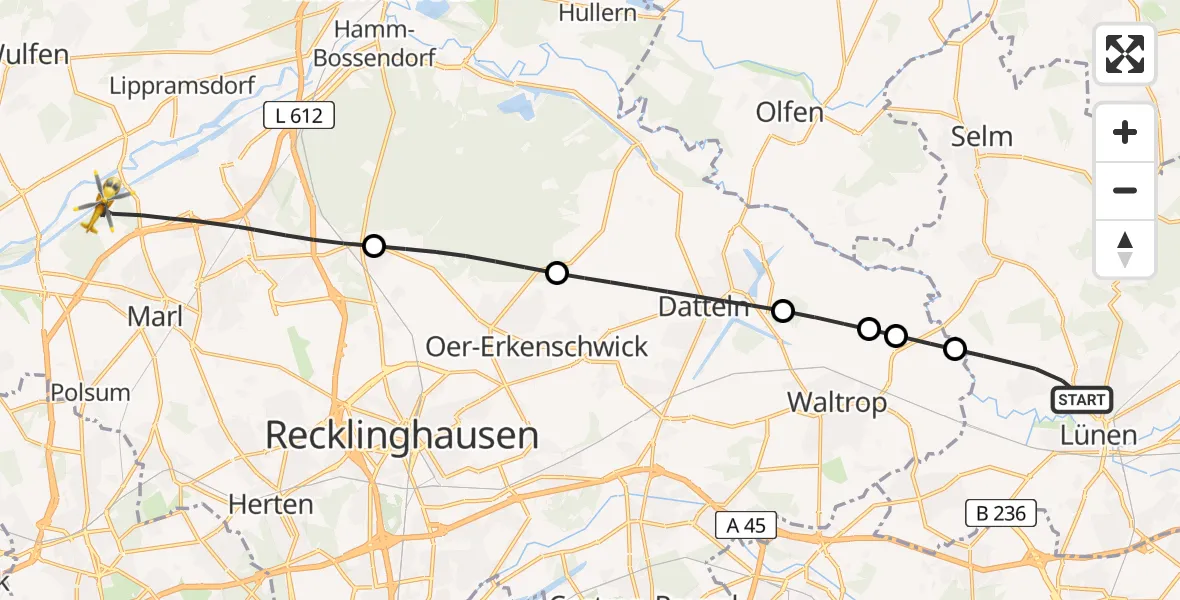 Flugroute Rettungshubschrauber Lünen - Marl, 18 Juli 2026, 18:24