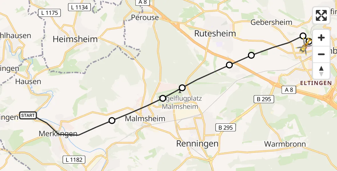 Flugroute Rettungshubschrauber Weil der Stadt - Leonberg Hospital, 18 Juli 2026, 18:26