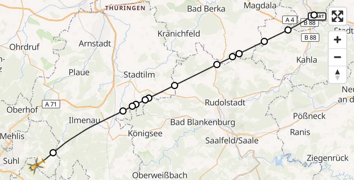 Flugroute Rettungshubschrauber Jena University Hospital - Schleusingen, 18 Juli 2026, 18:29