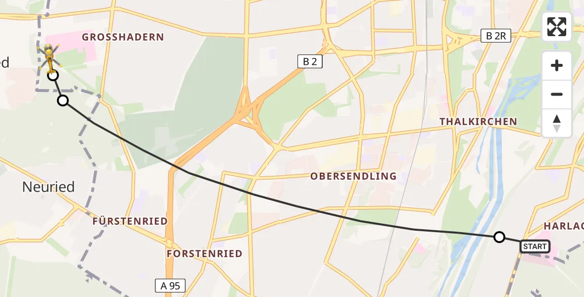 Flugroute Rettungshubschrauber ADAC Air Rescue Center Hubschrauberlandeplatz (Christoph 1) - DRF Air Rescue München Hubschrauberlandeplatz, 18 Juli 2026, 18:34