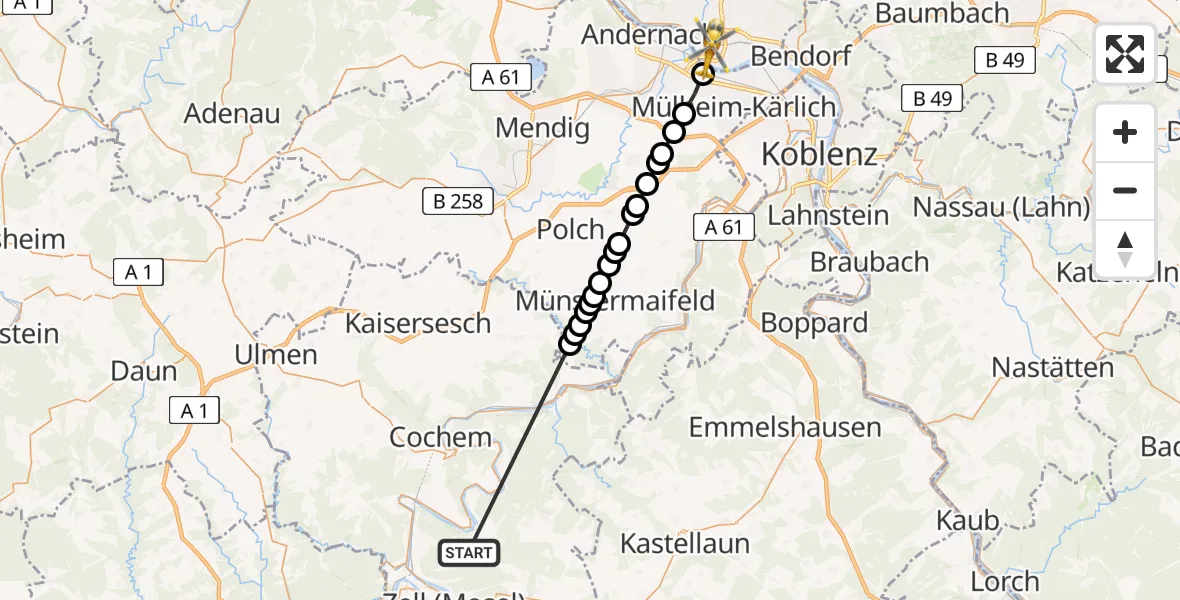 Flugroute Ambulanzhubschrauber Senheim - Neuwied, 18 Juli 2026, 18:52