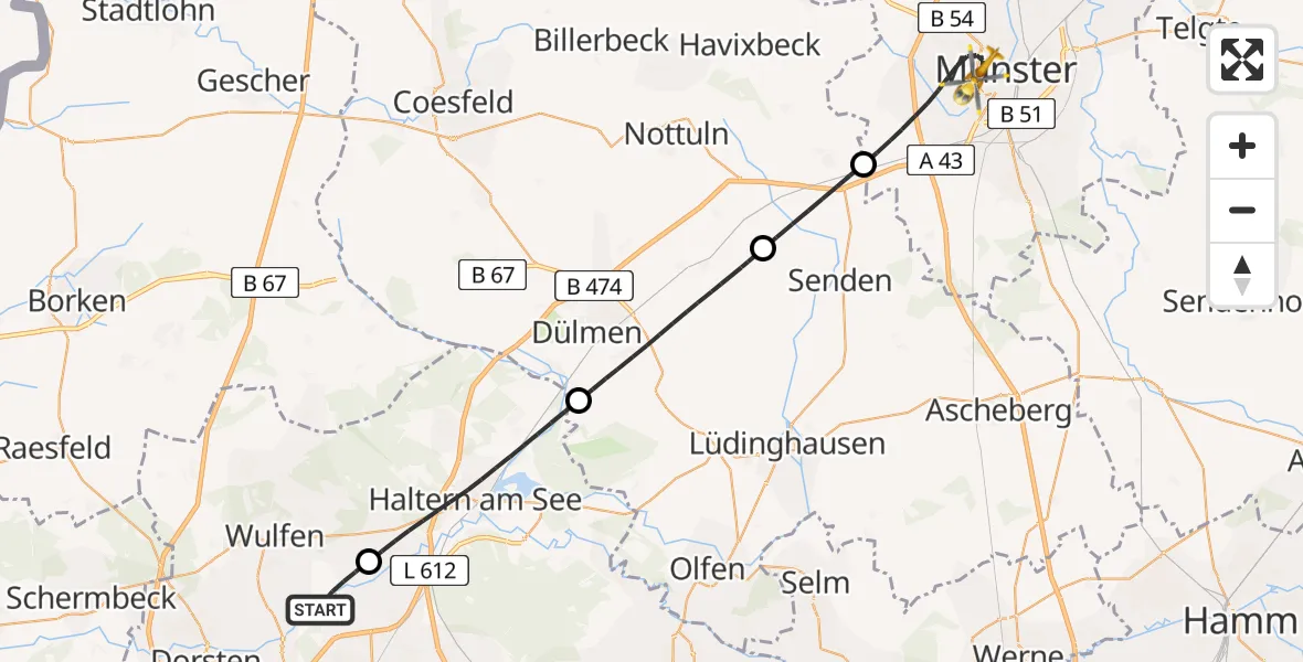 Flugroute Rettungshubschrauber Marl - Münster, 18 Juli 2026, 19:02