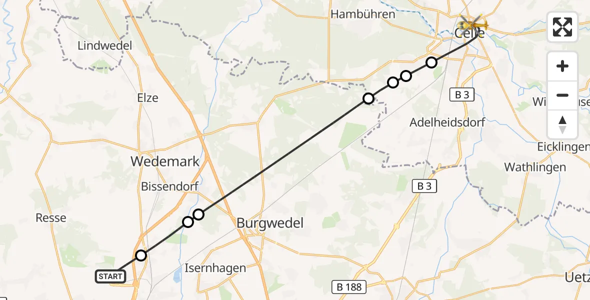 Flugroute Rettungshubschrauber Flughafen Hannover - Celle, 18 Juli 2026, 19:03