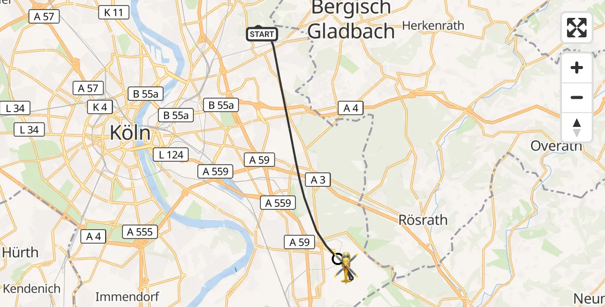 Flugroute Rettungshubschrauber Köln - Köln Bonn Flughafen, 18 Juli 2026, 19:10