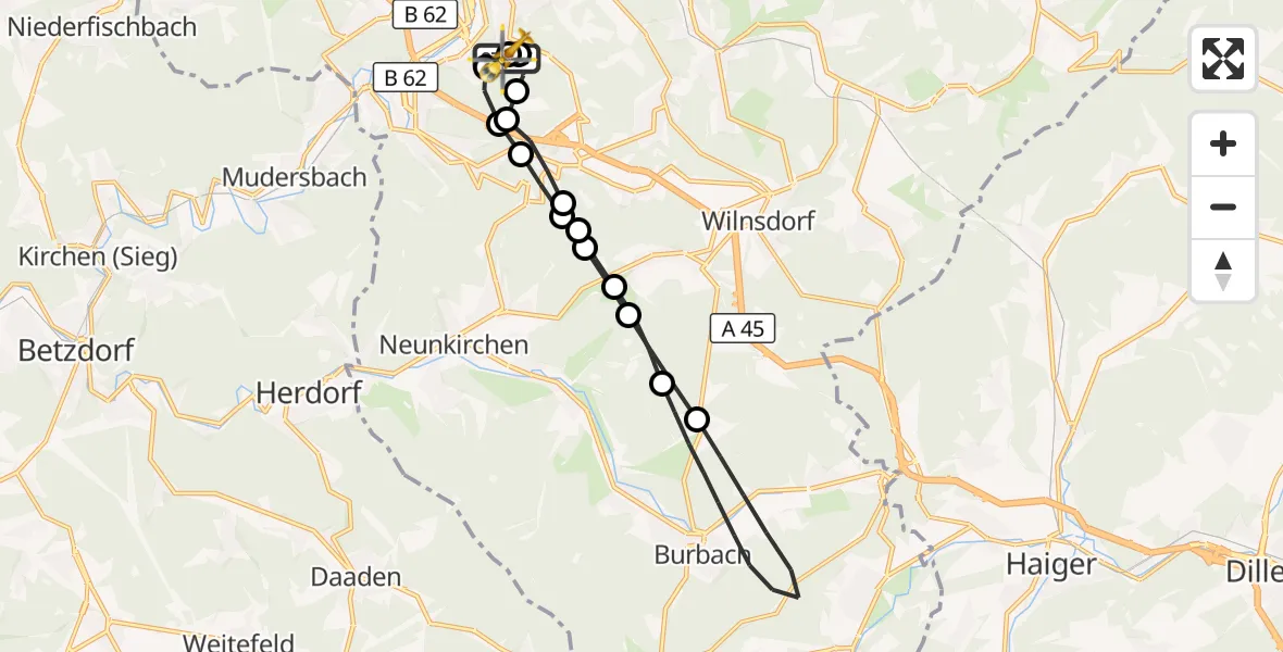Flugroute Rettungshubschrauber Evangelisches Jung-Stilling Hospital - Evangelisches Jung-Stilling Hospital, 18 Juli 2026, 19:11