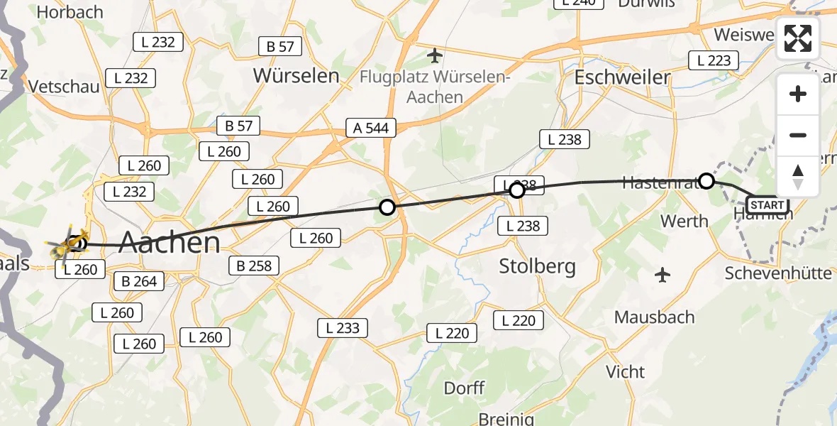 Flugroute Rettungshubschrauber Langerwehe - Aachen Hospital, 18 Juli 2026, 19:12
