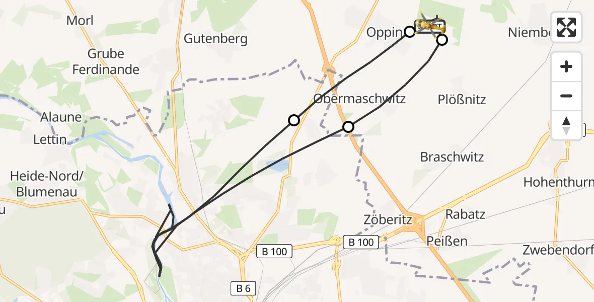 Flugroute Rettungshubschrauber Halle-Oppin Flugplatz - Halle-Oppin Flugplatz, 18 Juli 2026, 19:15