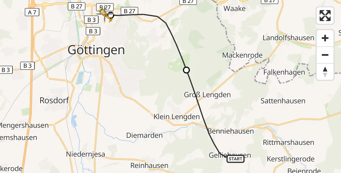 Flugroute Rettungshubschrauber Gleichen - Göttingen University Clinic Hubschrauberlandeplatz, 18 Juli 2026, 19:16