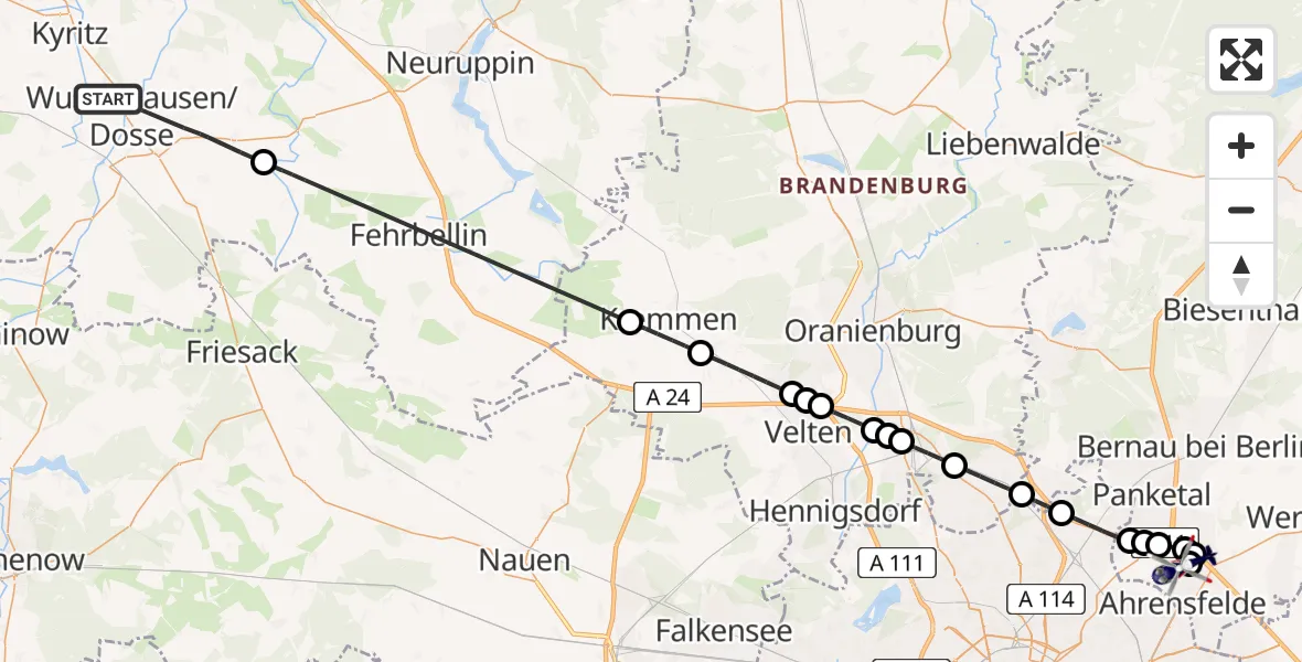 Flugroute Polizeihubschrauber Wusterhausen/Dosse - Ahrensfelde Hubschrauberlandeplatz, 18 Juli 2026, 19:19