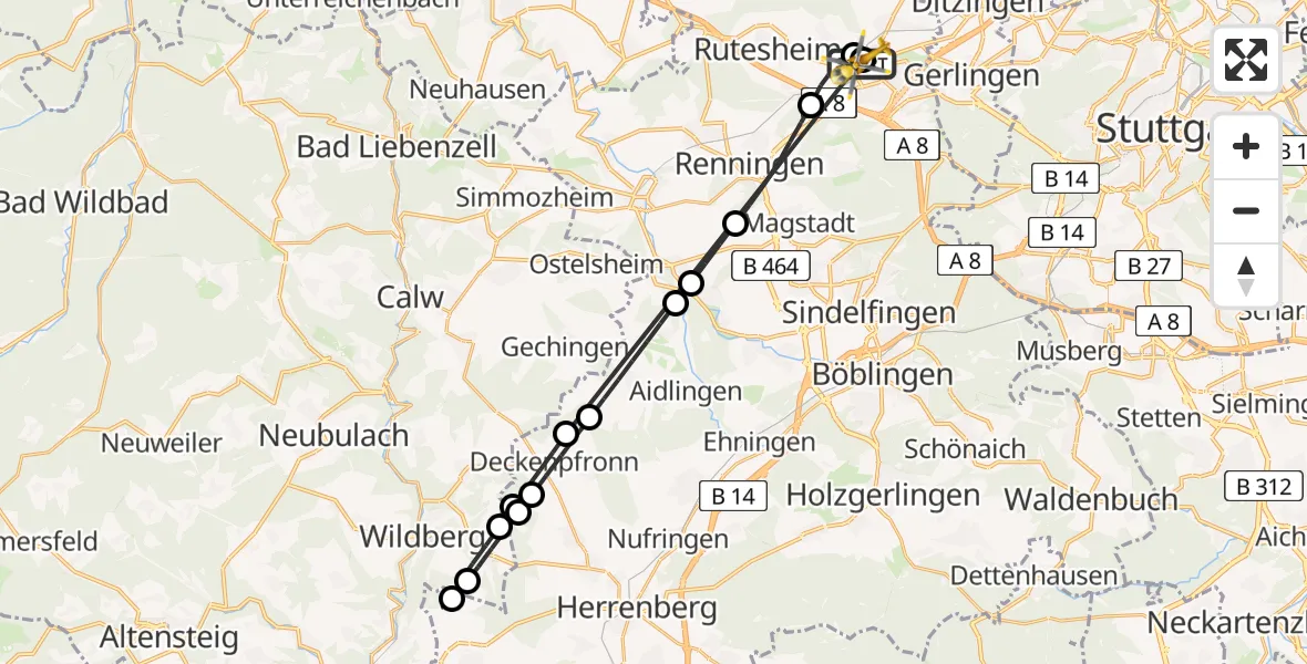 Flugroute Rettungshubschrauber Leonberg Hospital - Leonberg Hospital, 18 Juli 2026, 19:23