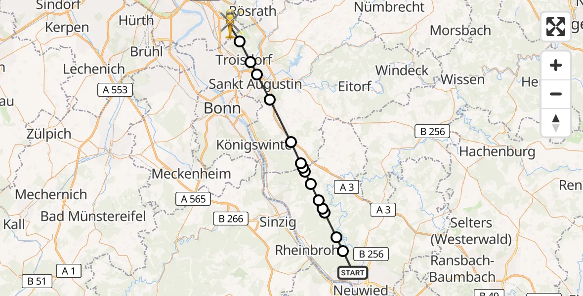 Flugroute Ambulanzhubschrauber Neuwied - Köln Bonn Flughafen, 18 Juli 2026, 19:29